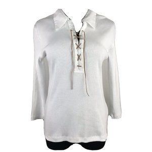Clothes Womens‎ Lace Ribbed Long Sleeve White Collared Stretch Shirt Size Large